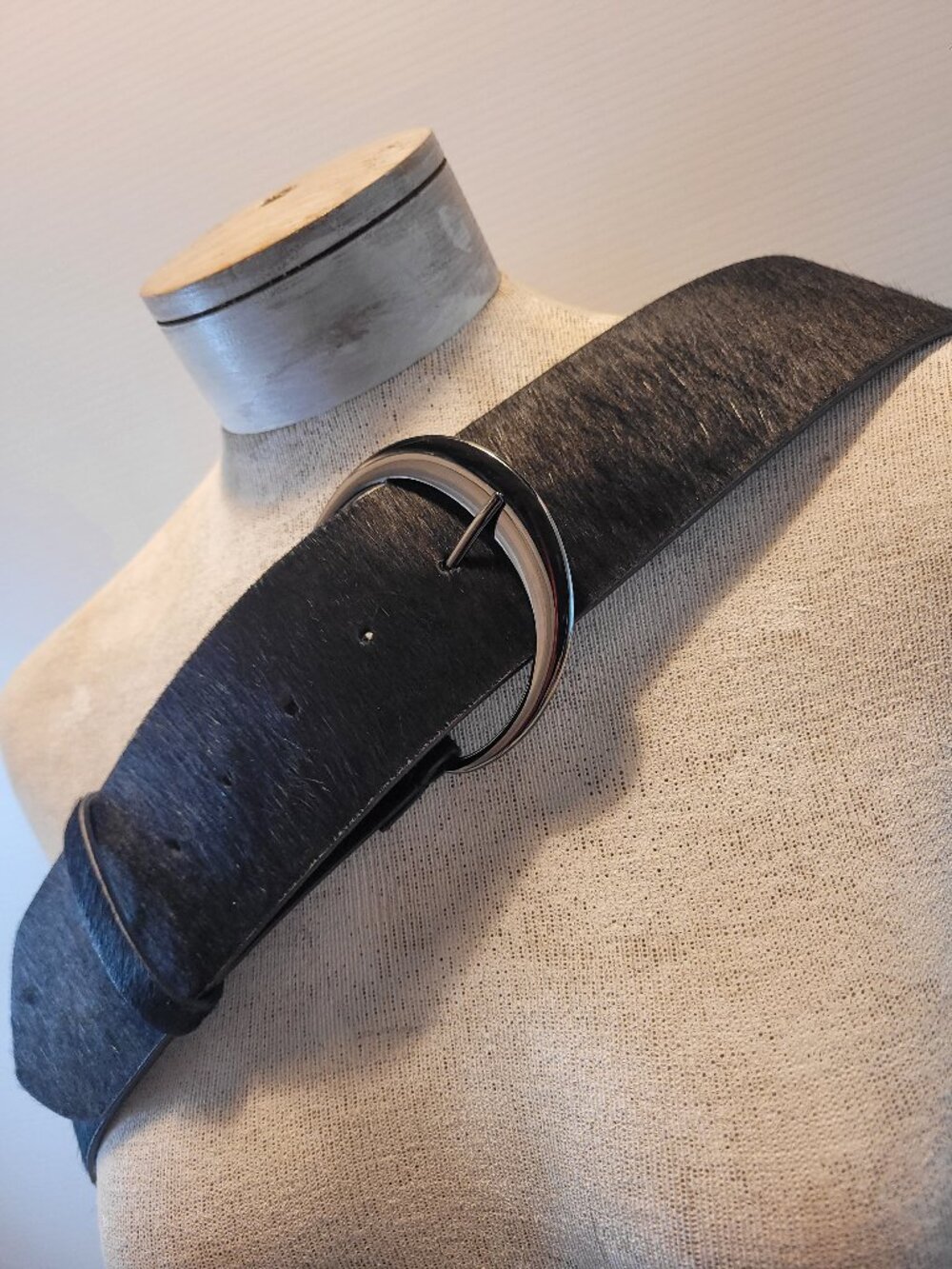 Chico's Black Leather Fur Stretch Wide Belt Size L